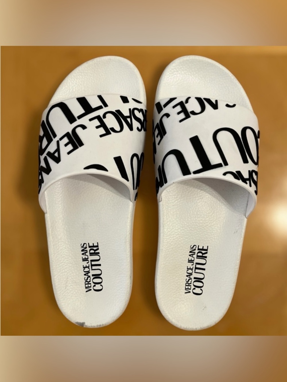 Versace Jeans Collection White and Black Logo Slide Sandals. UNISEX.